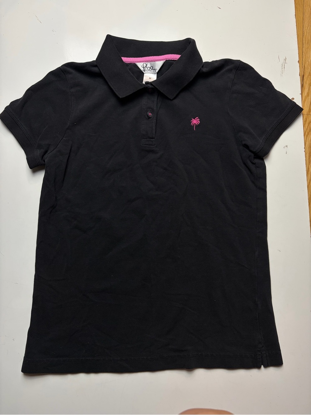 Lilly Pulitzer Black womens polo with pink palm tree logo shirt sz M